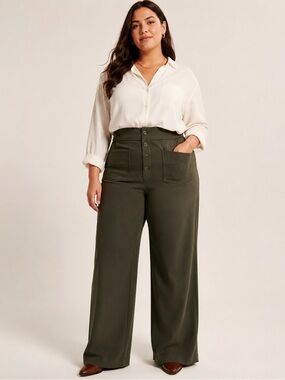 HALARA Olive Green High-Rise Wide-Leg Pants with Front Pockets